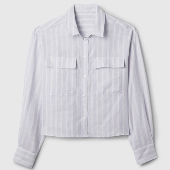 NWT Gap 100% Linen Cropped Shirt in Light Blue and White Stripe - Size Small - Picture 5 of 11